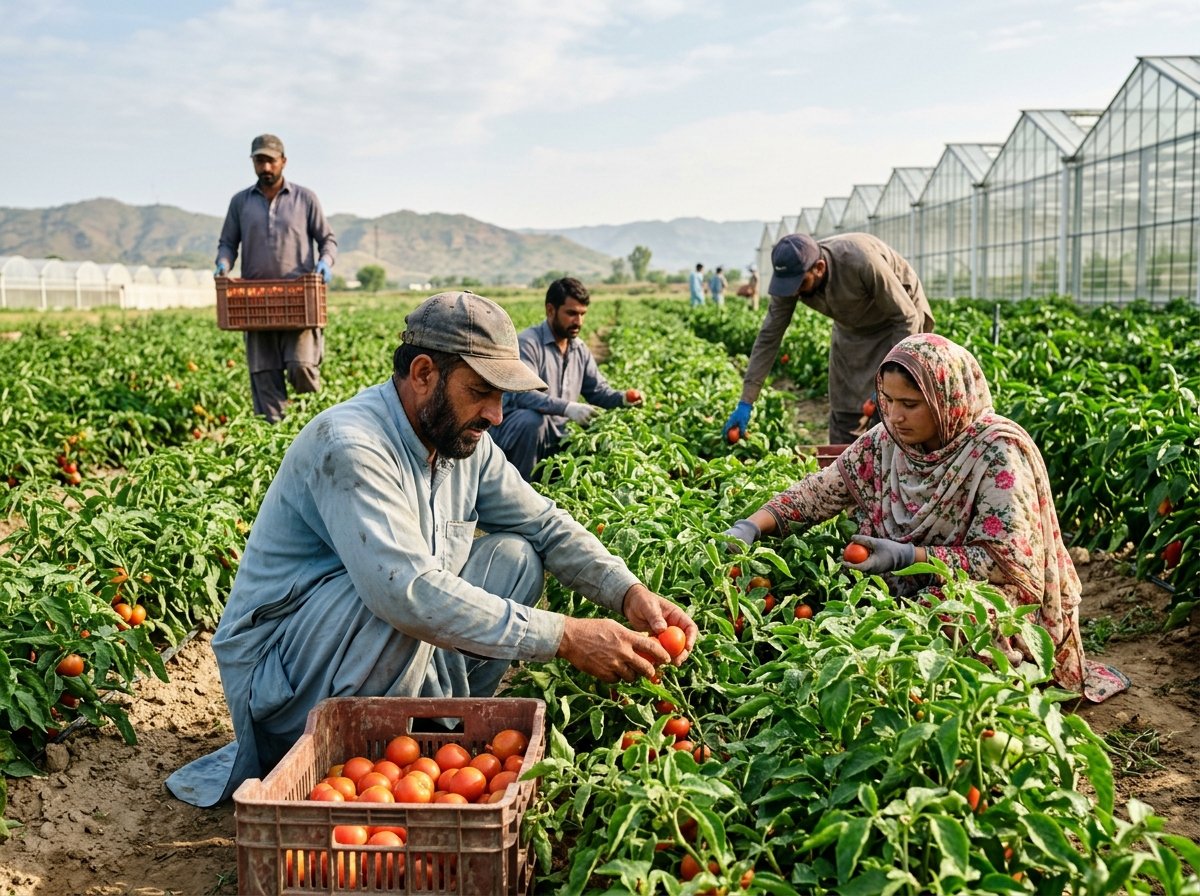 Pakistani agricultural workers harvesting crops in farm greenhouse